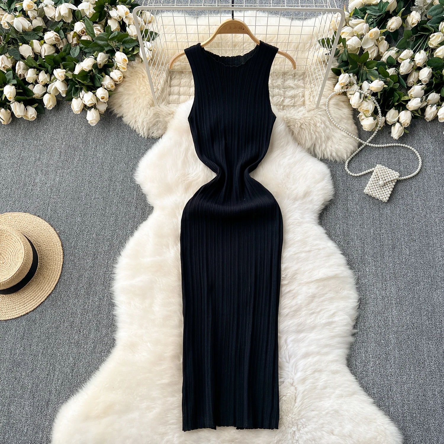 SINGREINY Women Sheath Long Dress O Neck Sleeveless Solid Pleated Knit Elastic Fashion Elegant Stiped Retro Sexy Bodycon Dress
