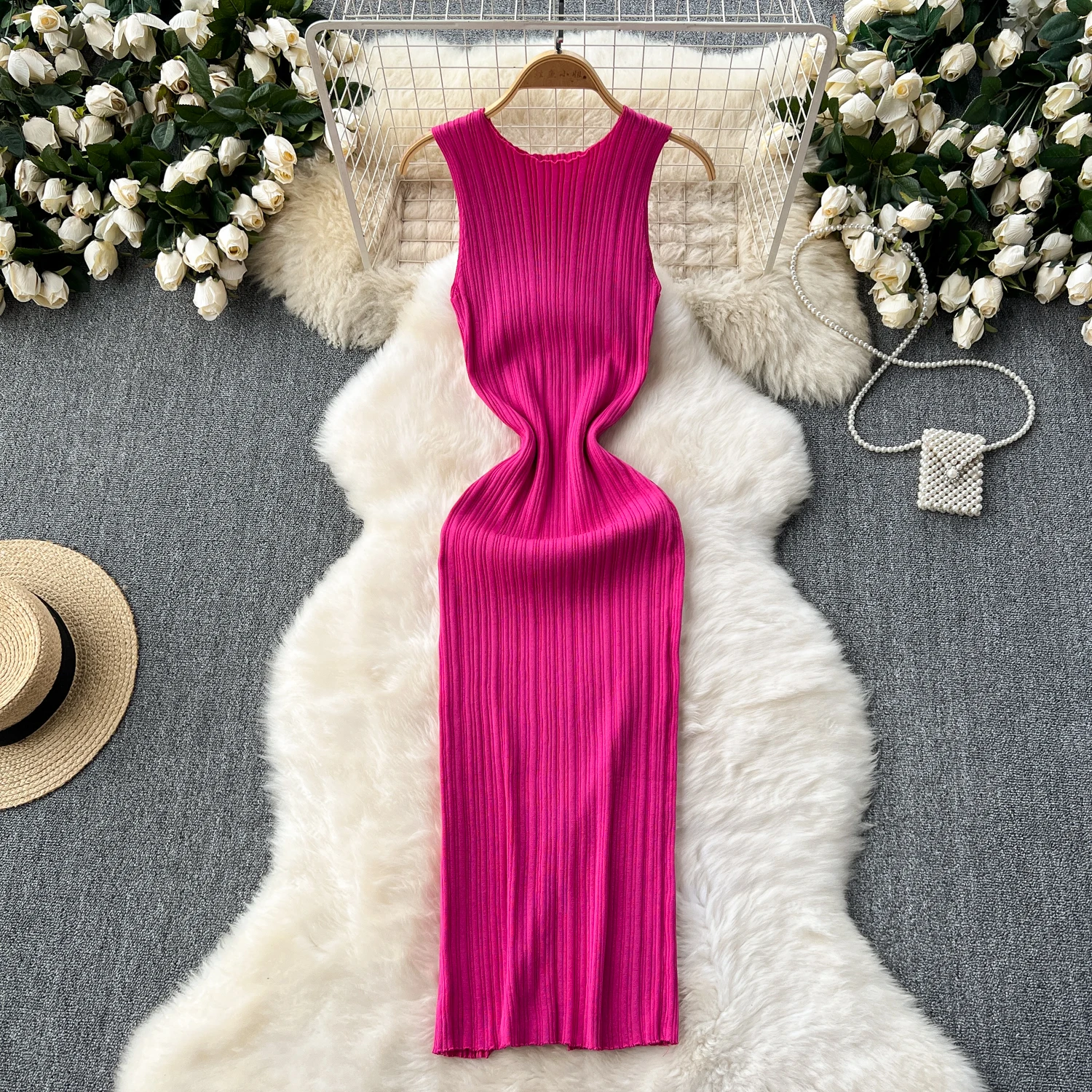 SINGREINY Women Sheath Long Dress O Neck Sleeveless Solid Pleated Knit Elastic Fashion Elegant Stiped Retro Sexy Bodycon Dress