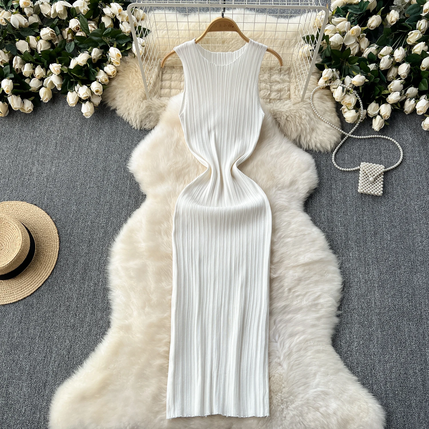 SINGREINY Women Sheath Long Dress O Neck Sleeveless Solid Pleated Knit Elastic Fashion Elegant Stiped Retro Sexy Bodycon Dress