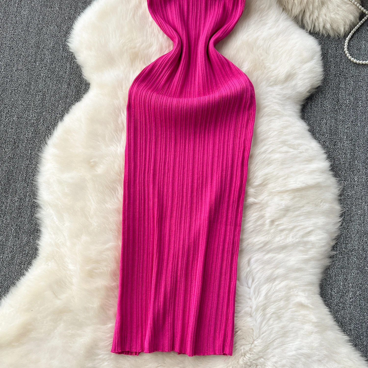 SINGREINY Women Sheath Long Dress O Neck Sleeveless Solid Pleated Knit Elastic Fashion Elegant Stiped Retro Sexy Bodycon Dress