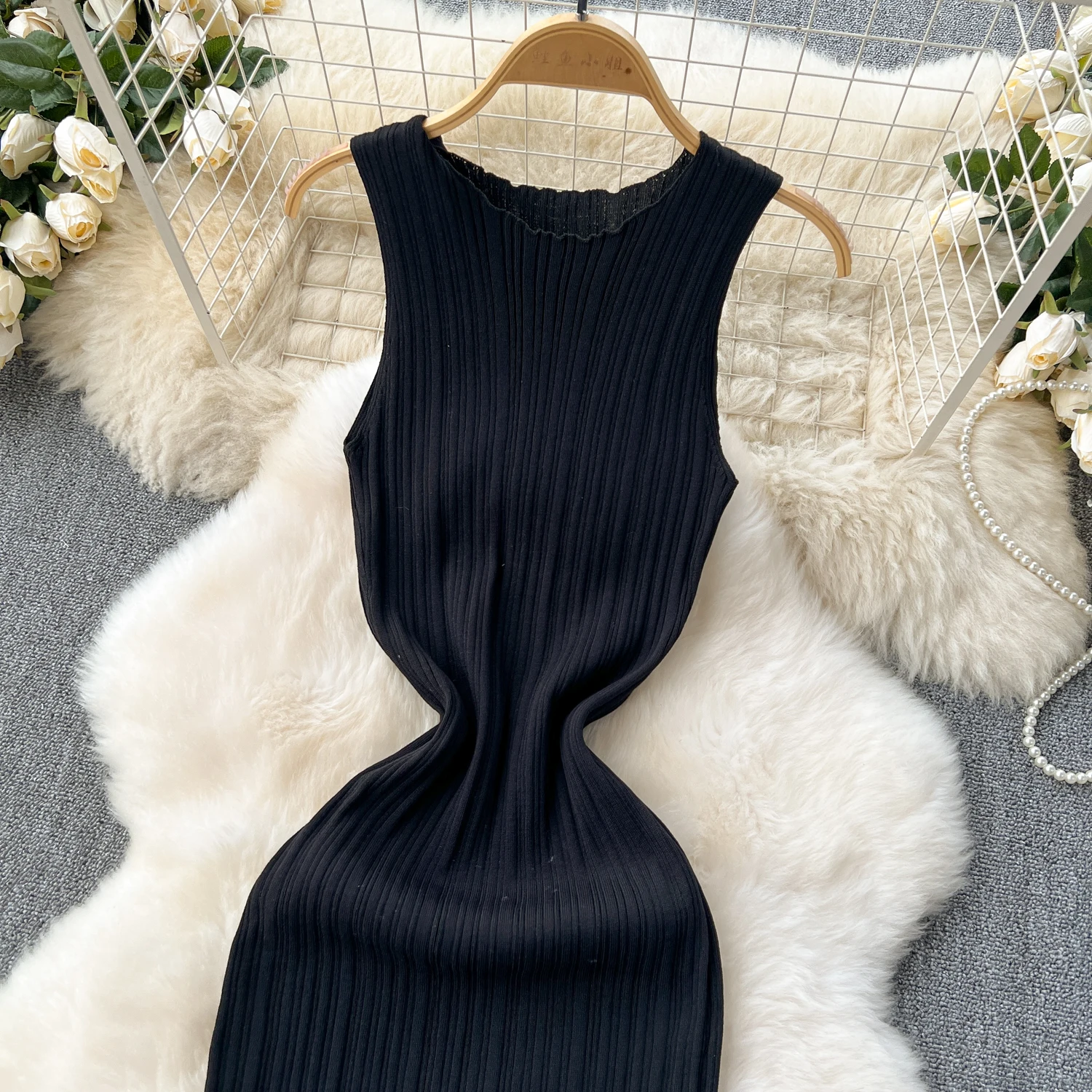 SINGREINY Women Sheath Long Dress O Neck Sleeveless Solid Pleated Knit Elastic Fashion Elegant Stiped Retro Sexy Bodycon Dress