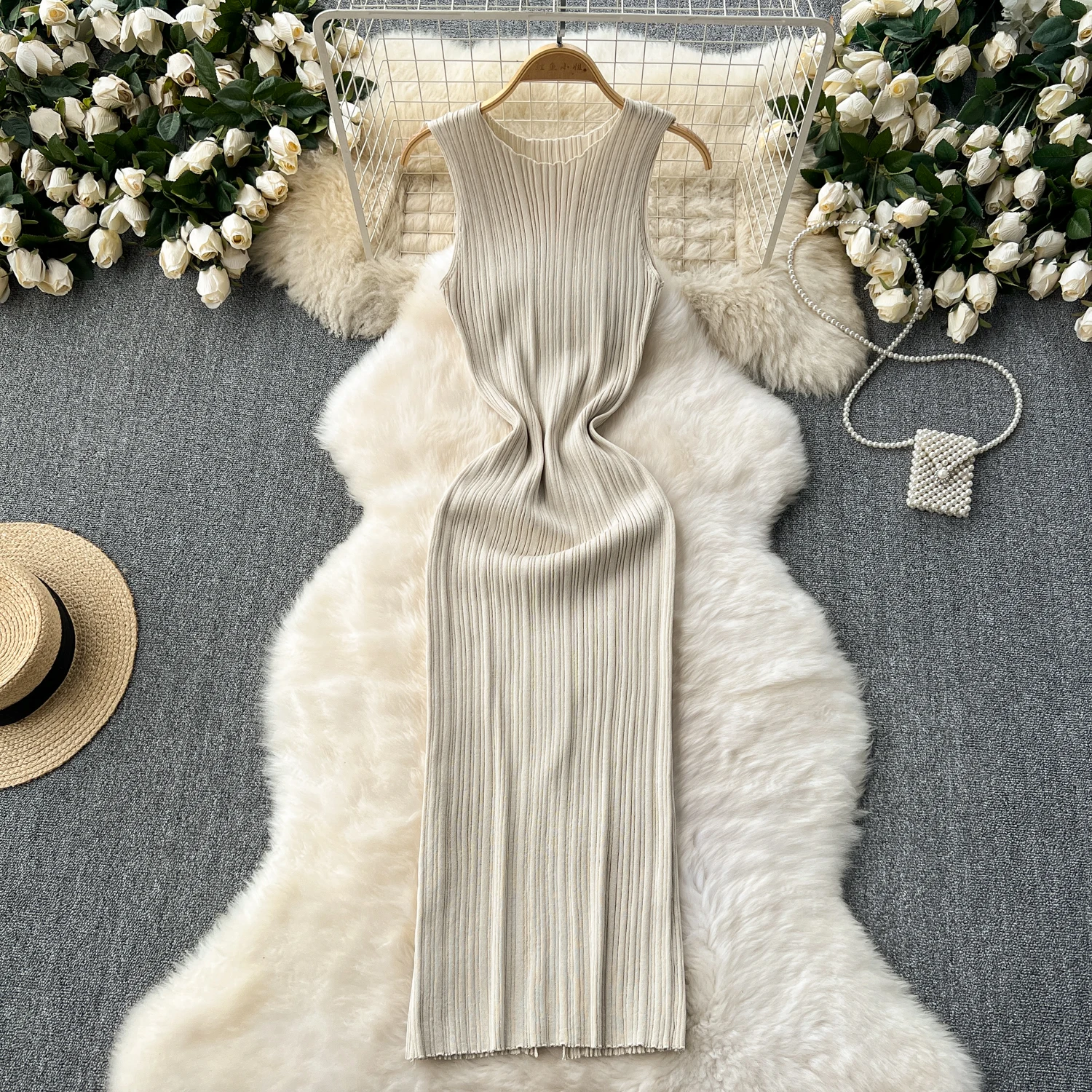 SINGREINY Women Sheath Long Dress O Neck Sleeveless Solid Pleated Knit Elastic Fashion Elegant Stiped Retro Sexy Bodycon Dress
