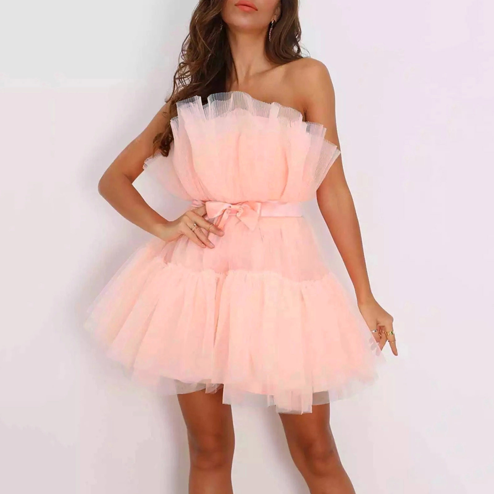 Women Tutu Wrap Dress Mesh Yarn Strapless Mini Dress Elegant Solid Color Wedding Party Dresses Bridesmaid Prom Gown Vestidos