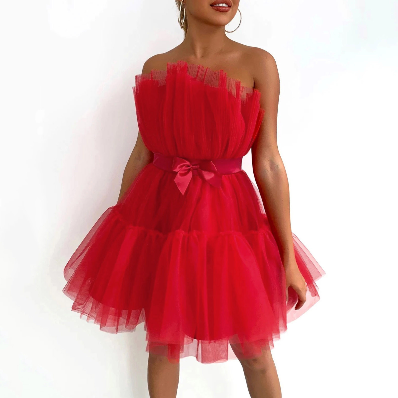 Women Tutu Wrap Dress Mesh Yarn Strapless Mini Dress Elegant Solid Color Wedding Party Dresses Bridesmaid Prom Gown Vestidos