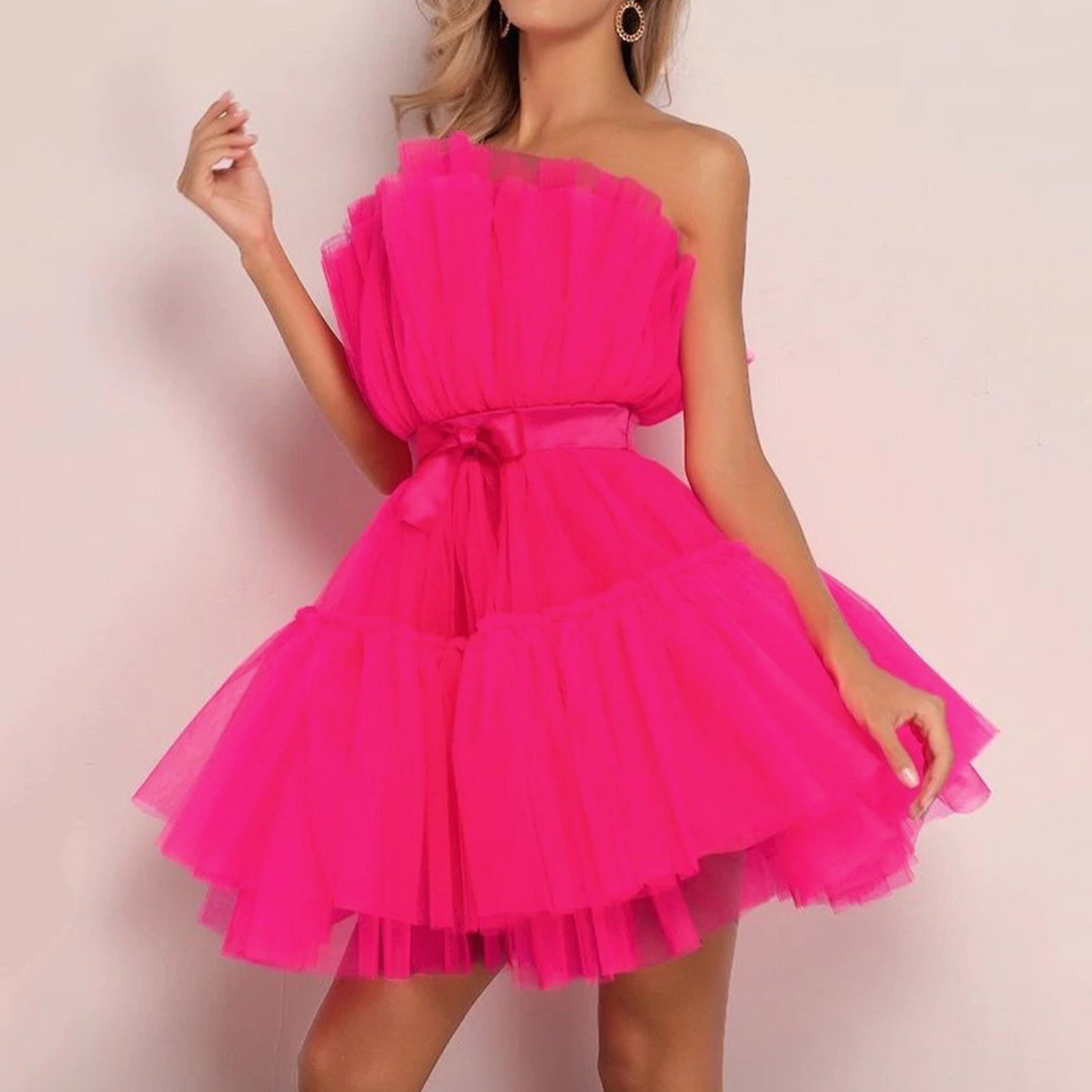 Women Tutu Wrap Dress Mesh Yarn Strapless Mini Dress Elegant Solid Color Wedding Party Dresses Bridesmaid Prom Gown Vestidos