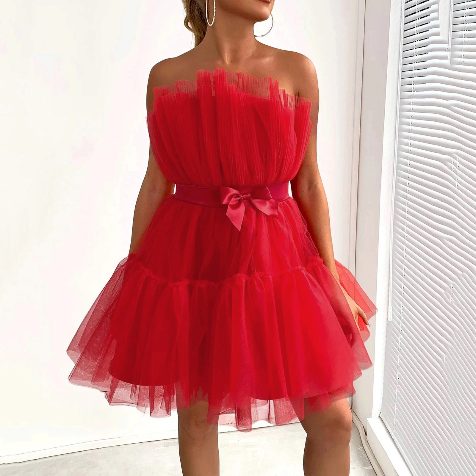 Women Tutu Wrap Dress Mesh Yarn Strapless Mini Dress Elegant Solid Color Wedding Party Dresses Bridesmaid Prom Gown Vestidos