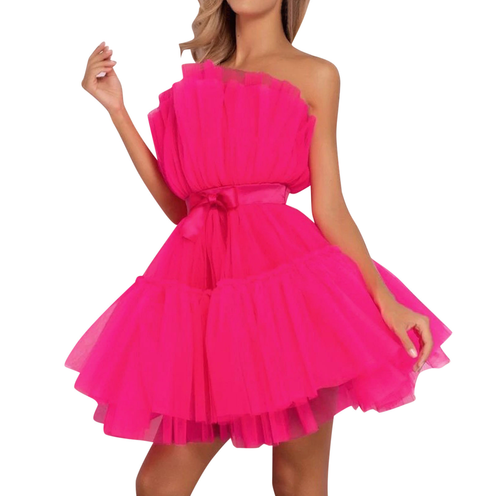 Women Tutu Wrap Dress Mesh Yarn Strapless Mini Dress Elegant Solid Color Wedding Party Dresses Bridesmaid Prom Gown Vestidos