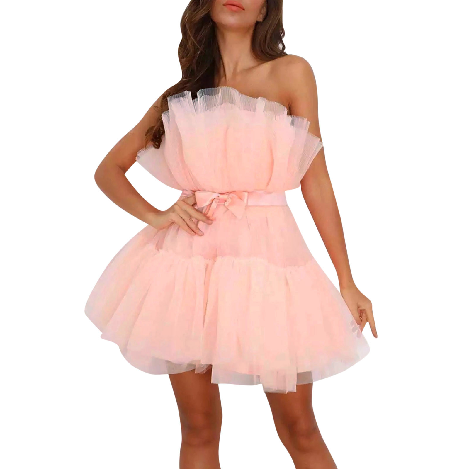 Women Tutu Wrap Dress Mesh Yarn Strapless Mini Dress Elegant Solid Color Wedding Party Dresses Bridesmaid Prom Gown Vestidos