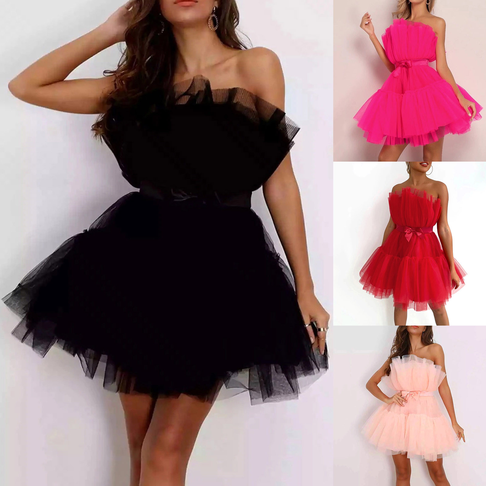 Women Tutu Wrap Dress Mesh Yarn Strapless Mini Dress Elegant Solid Color Wedding Party Dresses Bridesmaid Prom Gown Vestidos
