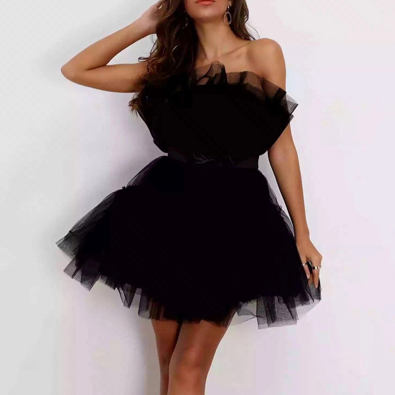 Women Tutu Wrap Dress Mesh Yarn Strapless Mini Dress Elegant Solid Color Wedding Party Dresses Bridesmaid Prom Gown Vestidos