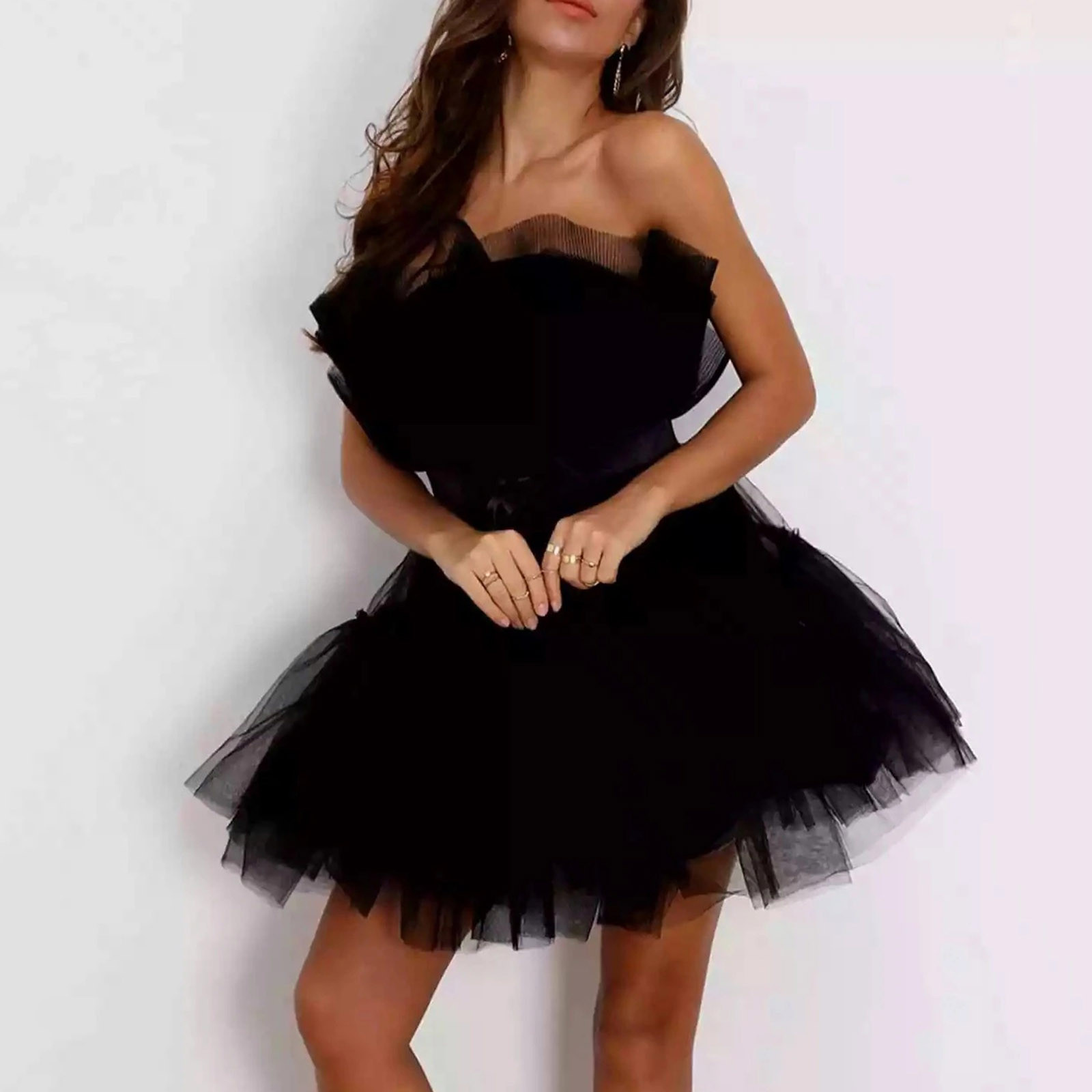 Women Tutu Wrap Dress Mesh Yarn Strapless Mini Dress Elegant Solid Color Wedding Party Dresses Bridesmaid Prom Gown Vestidos
