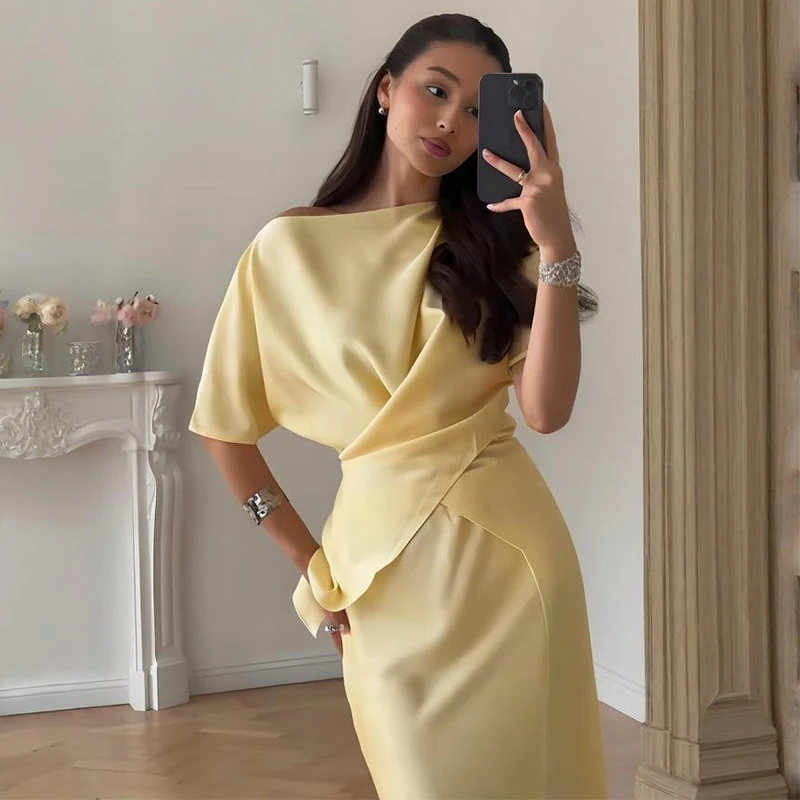 Fashion Yellow Satin Tops Skirt 2 Piece Set Women Lace Up Top High Waist Mermaid Skirt 2025 Summer Sexy New in Matching Suits