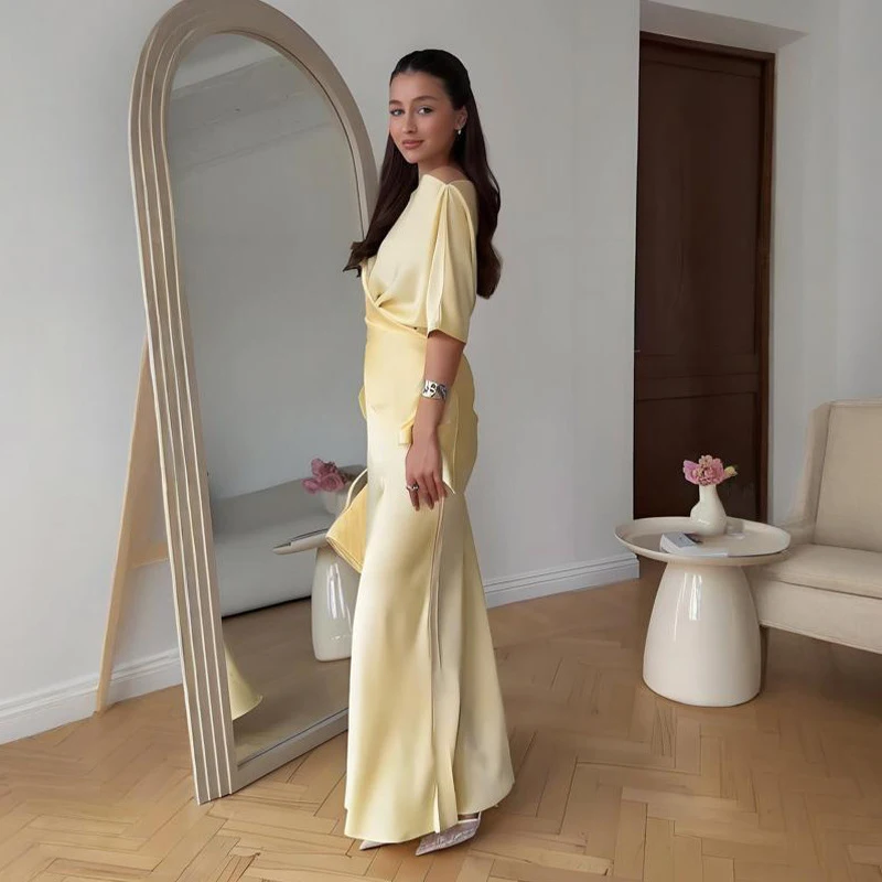 Fashion Yellow Satin Tops Skirt 2 Piece Set Women Lace Up Top High Waist Mermaid Skirt 2025 Summer Sexy New in Matching Suits