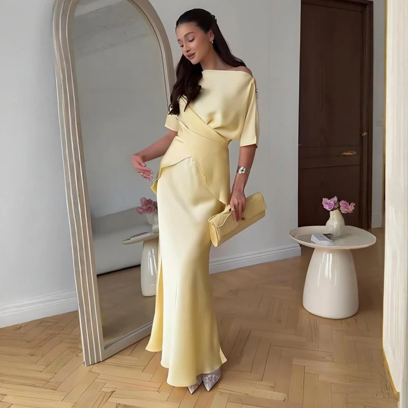 Fashion Yellow Satin Tops Skirt 2 Piece Set Women Lace Up Top High Waist Mermaid Skirt 2025 Summer Sexy New in Matching Suits