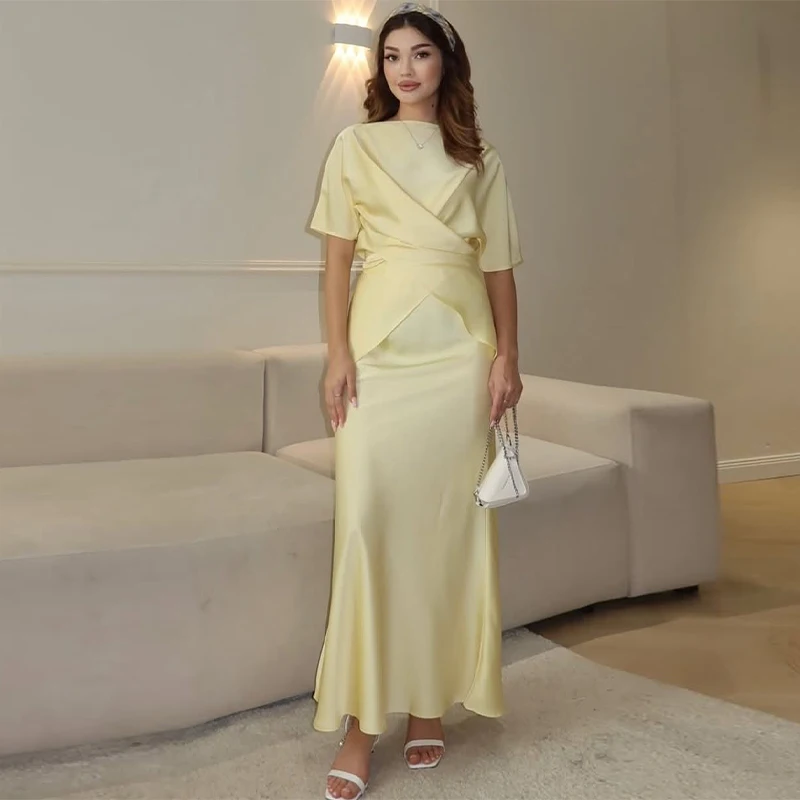 Fashion Yellow Satin Tops Skirt 2 Piece Set Women Lace Up Top High Waist Mermaid Skirt 2025 Summer Sexy New in Matching Suits