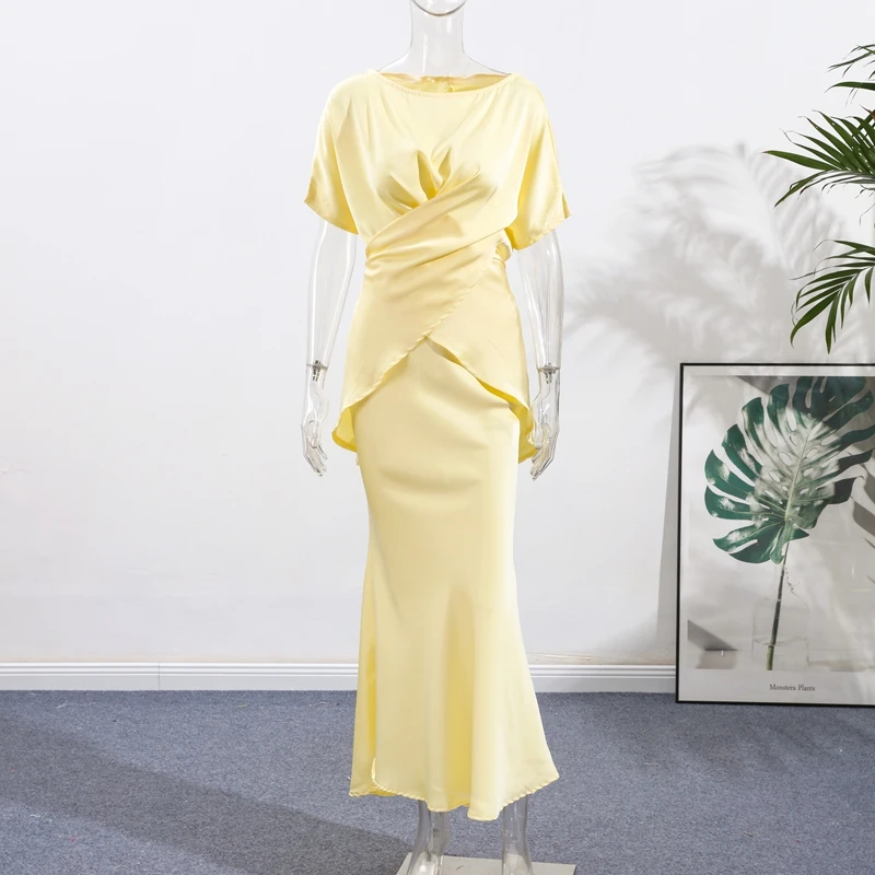 Fashion Yellow Satin Tops Skirt 2 Piece Set Women Lace Up Top High Waist Mermaid Skirt 2025 Summer Sexy New in Matching Suits