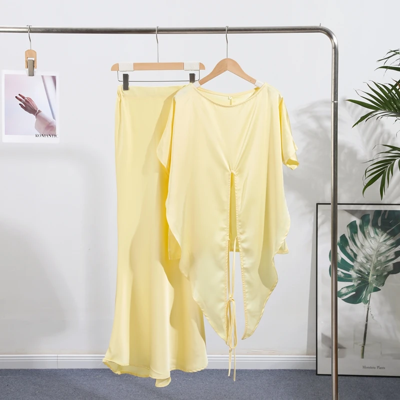 Fashion Yellow Satin Tops Skirt 2 Piece Set Women Lace Up Top High Waist Mermaid Skirt 2025 Summer Sexy New in Matching Suits
