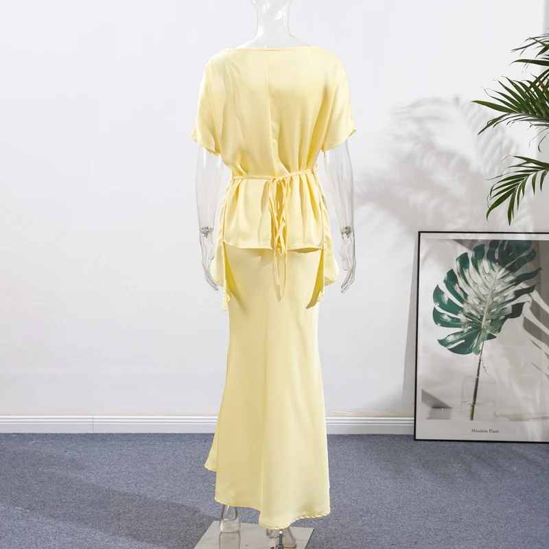Fashion Yellow Satin Tops Skirt 2 Piece Set Women Lace Up Top High Waist Mermaid Skirt 2025 Summer Sexy New in Matching Suits