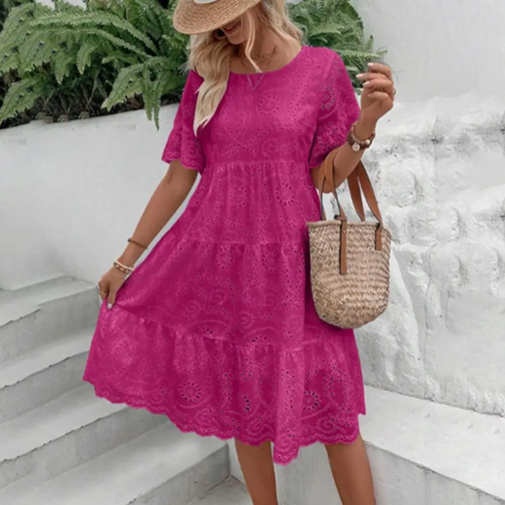Summer Women Dress Hollow Out O Neck Short Sleeves A-line Pleated Solid Color Big Swing Embroidery Vacation Beach Midi Dress