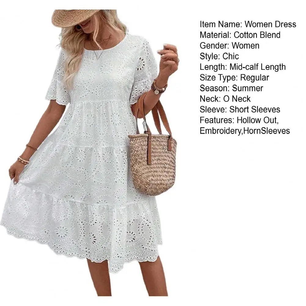 Summer Women Dress Hollow Out O Neck Short Sleeves A-line Pleated Solid Color Big Swing Embroidery Vacation Beach Midi Dress