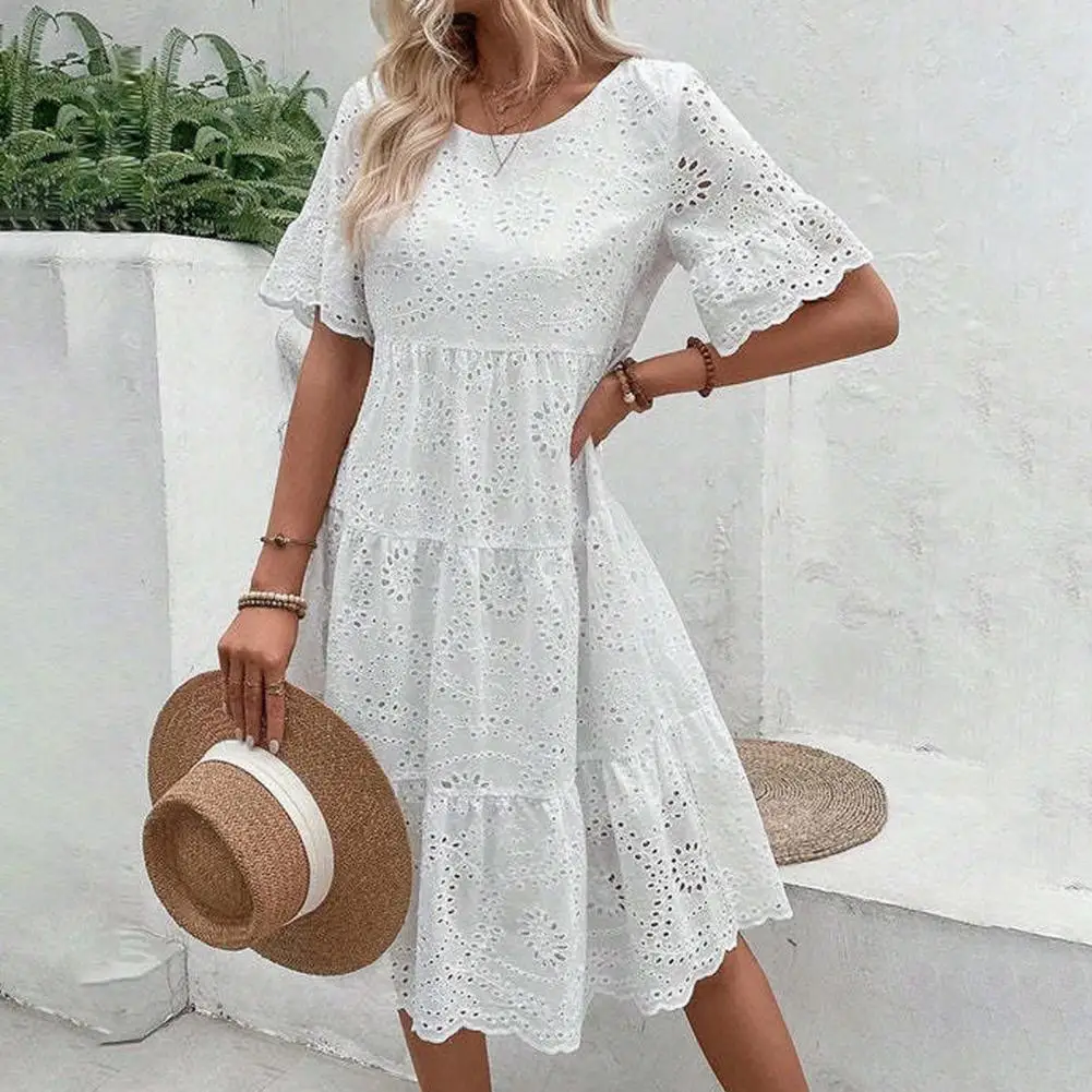 Summer Women Dress Hollow Out O Neck Short Sleeves A-line Pleated Solid Color Big Swing Embroidery Vacation Beach Midi Dress