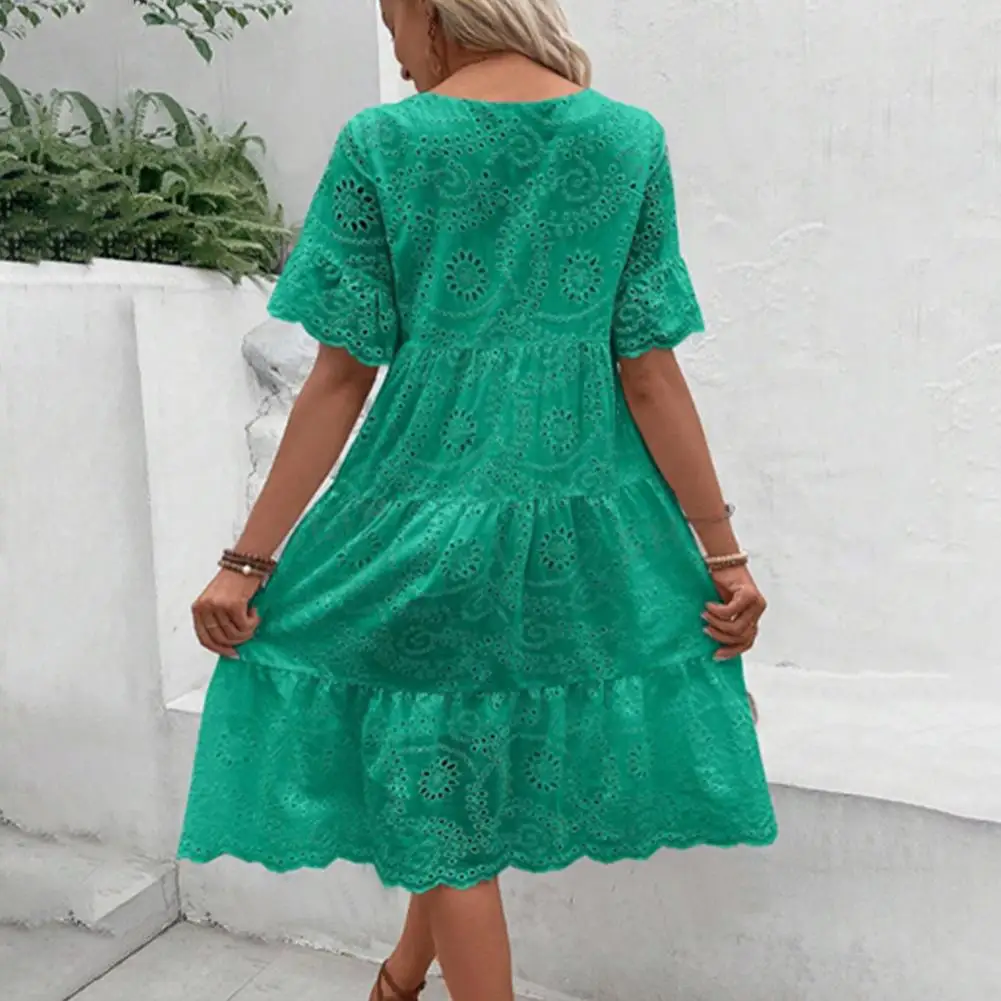 Summer Women Dress Hollow Out O Neck Short Sleeves A-line Pleated Solid Color Big Swing Embroidery Vacation Beach Midi Dress
