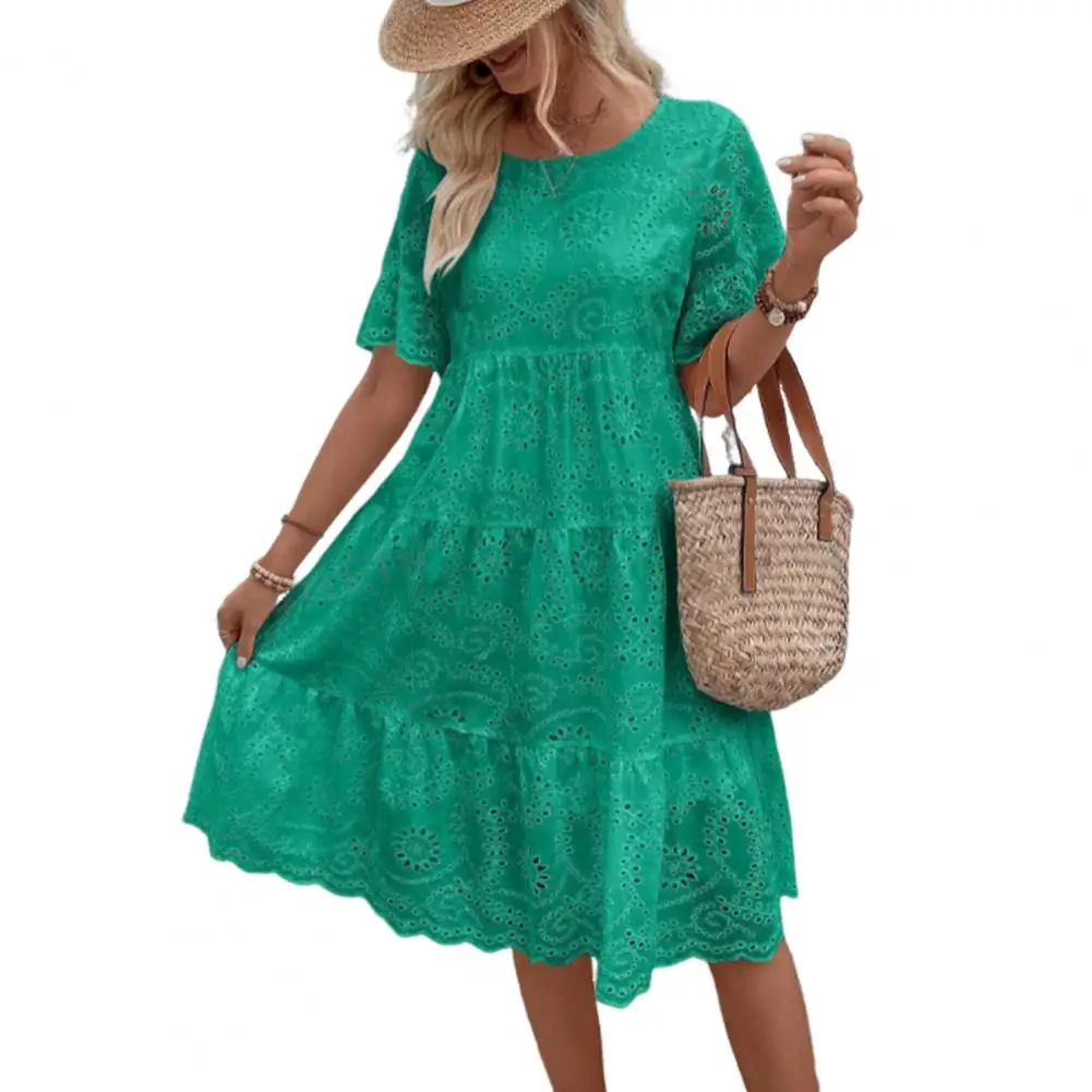 Summer Women Dress Hollow Out O Neck Short Sleeves A-line Pleated Solid Color Big Swing Embroidery Vacation Beach Midi Dress