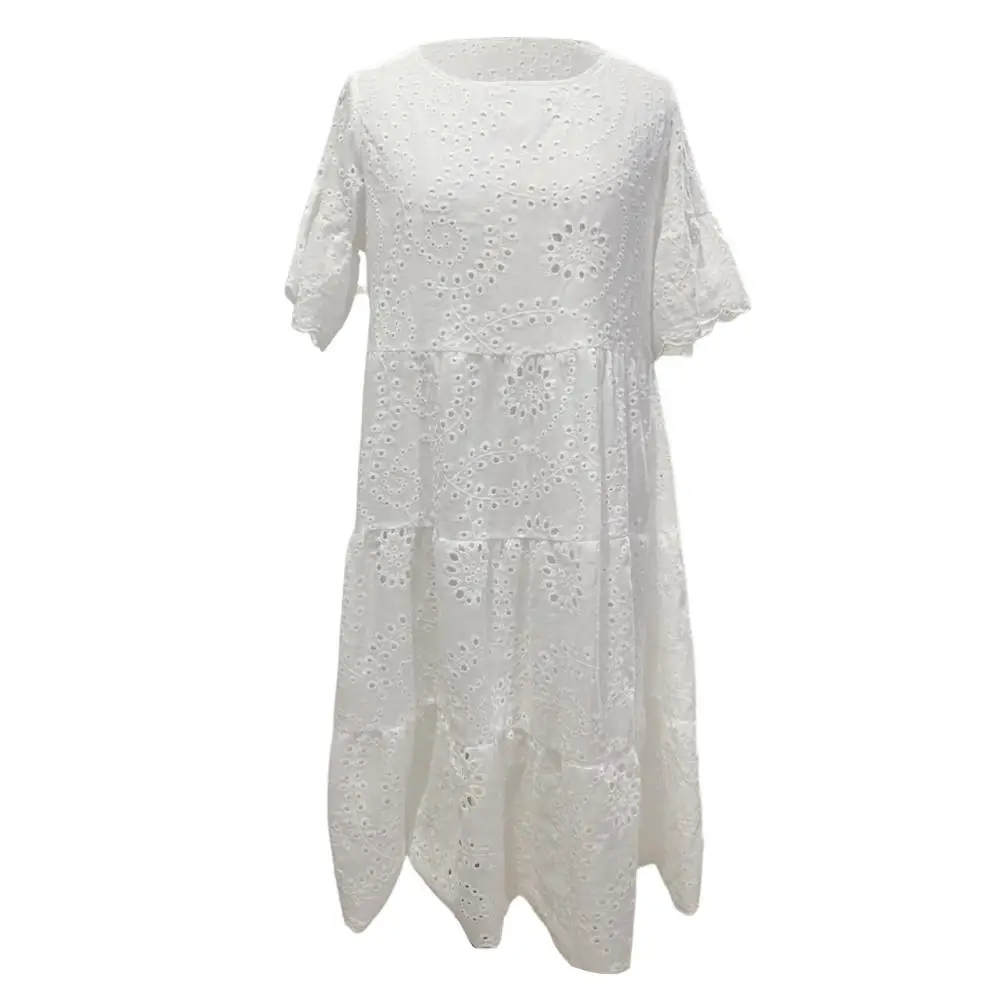 Summer Women Dress Hollow Out O Neck Short Sleeves A-line Pleated Solid Color Big Swing Embroidery Vacation Beach Midi Dress