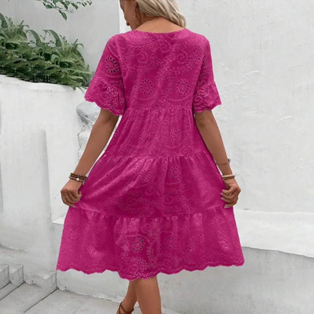 Summer Women Dress Hollow Out O Neck Short Sleeves A-line Pleated Solid Color Big Swing Embroidery Vacation Beach Midi Dress