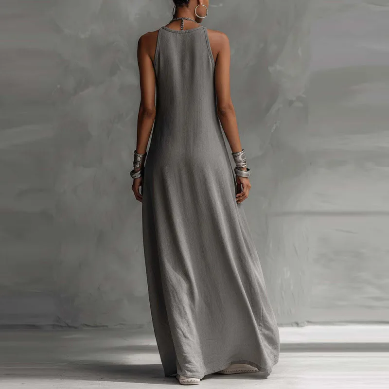 Casual Sleeveless Summer Boho Vacation Maxi Dress Woman Sexy O Neck Contrast Color Long Dress Spring Pocket A-Line Party Dresses