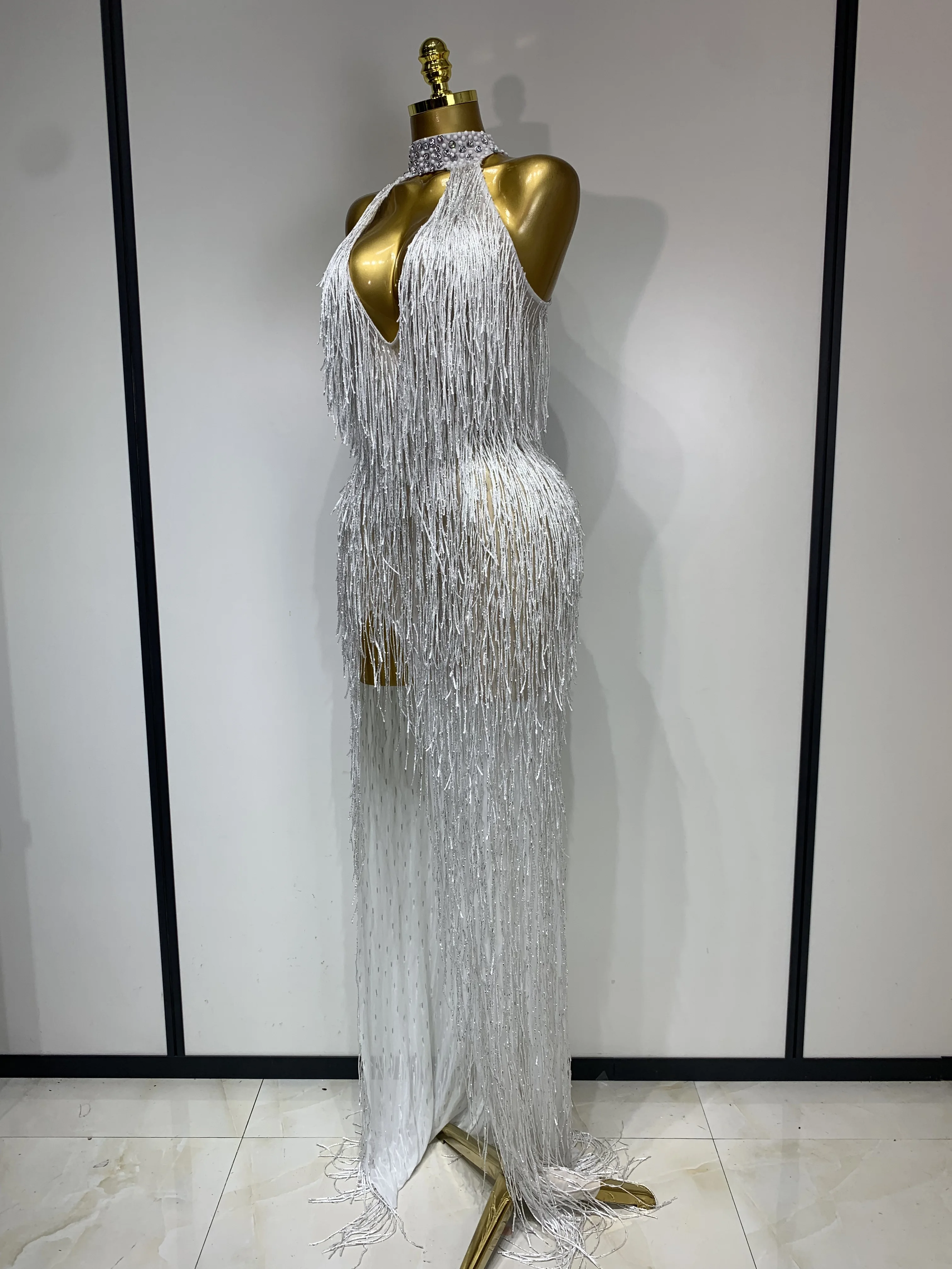 Women Sexy Shiny Crystals Tassel Long Dress Elegant Prom Gown Evening Club Birthday Wedding Party Singer Photoshoot Dress