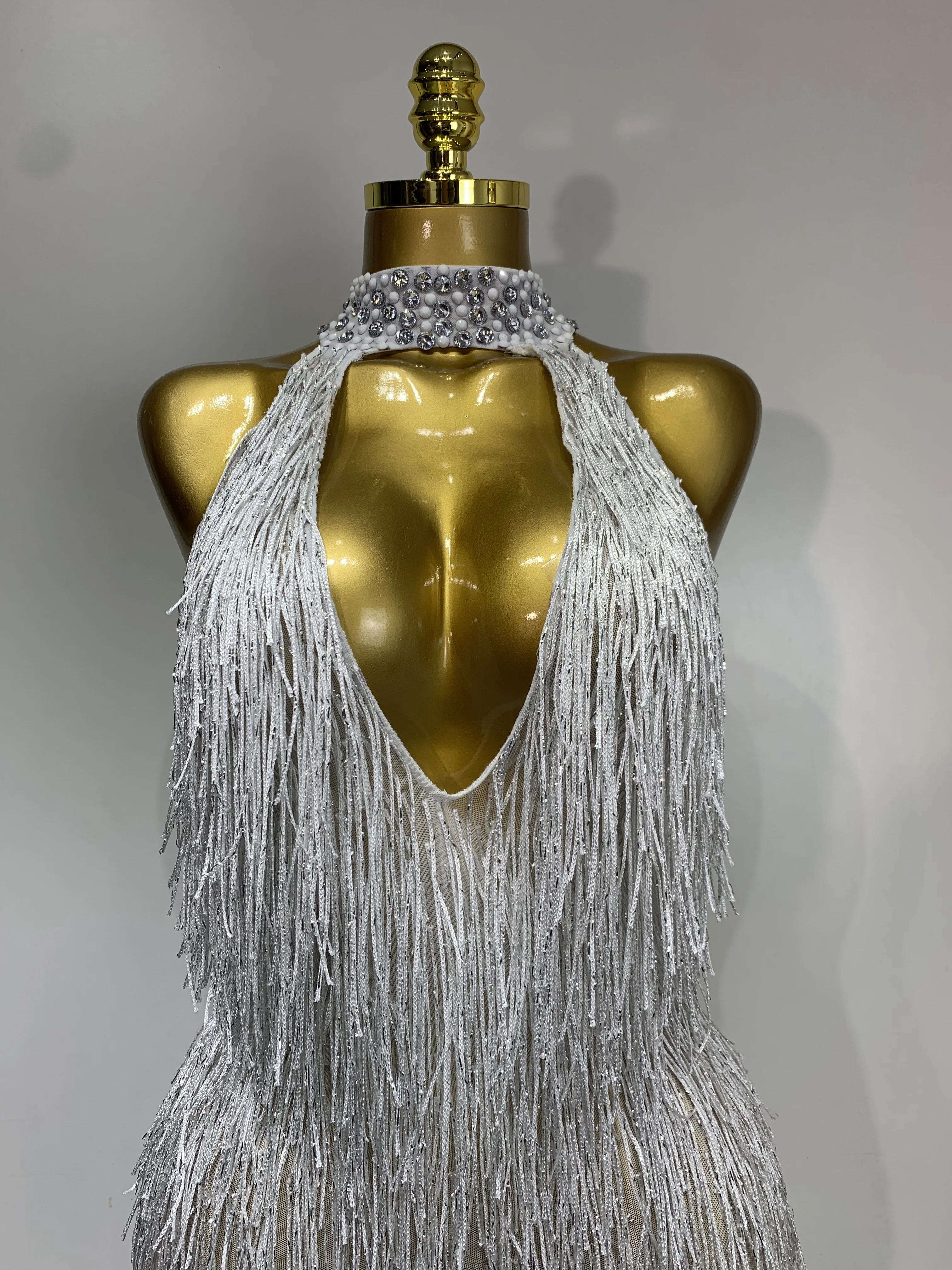 Women Sexy Shiny Crystals Tassel Long Dress Elegant Prom Gown Evening Club Birthday Wedding Party Singer Photoshoot Dress