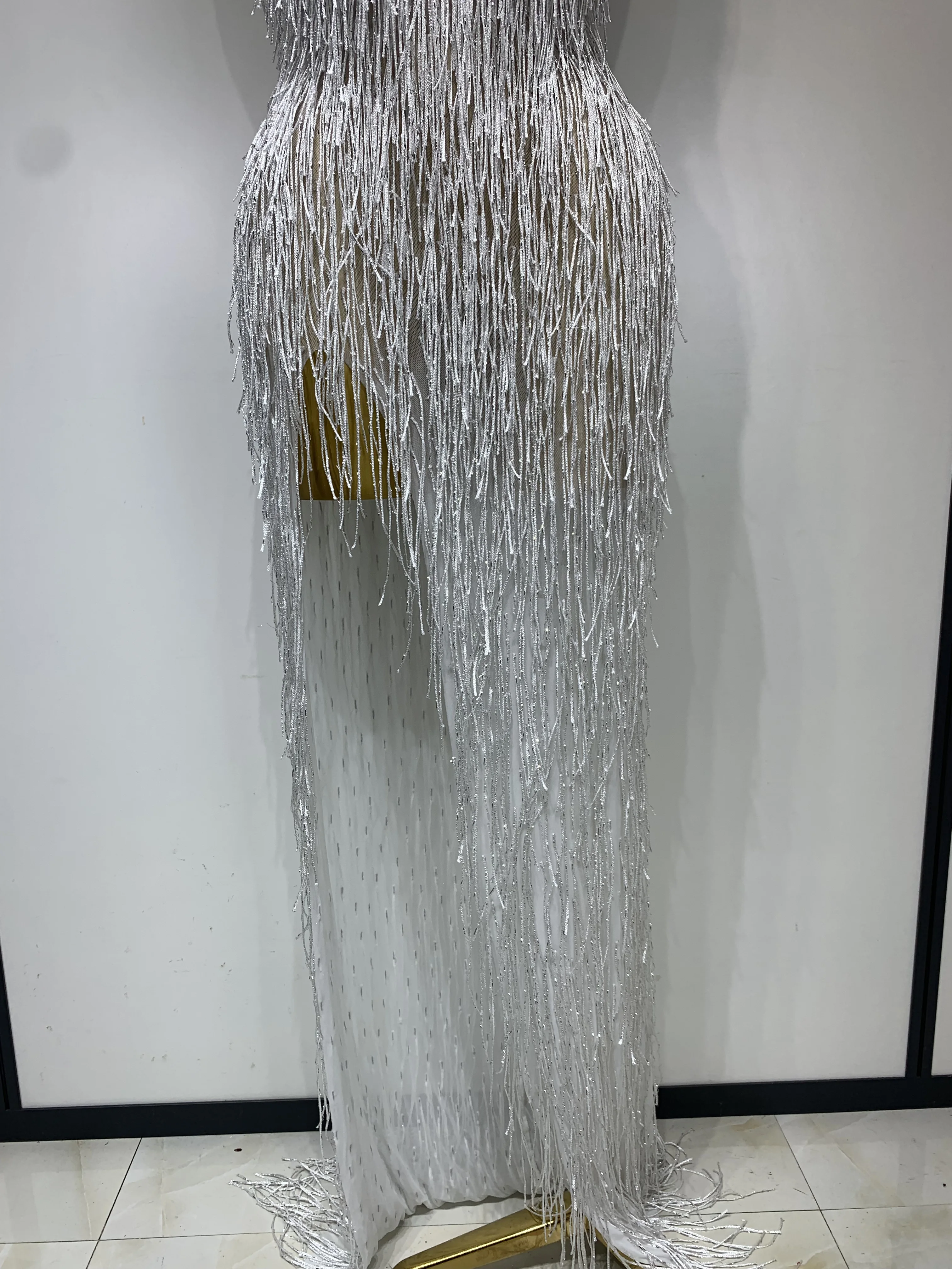 Women Sexy Shiny Crystals Tassel Long Dress Elegant Prom Gown Evening Club Birthday Wedding Party Singer Photoshoot Dress