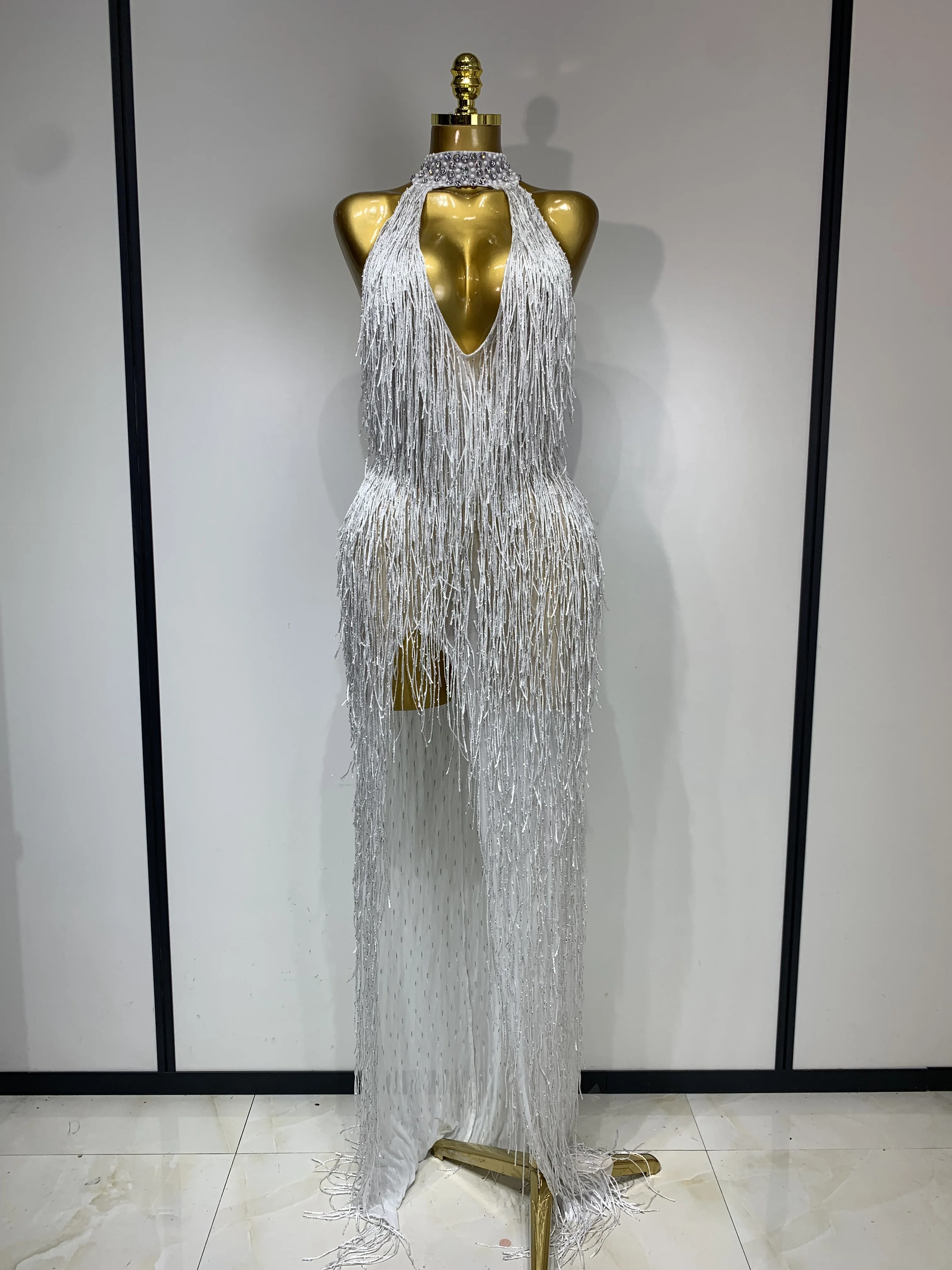 Women Sexy Shiny Crystals Tassel Long Dress Elegant Prom Gown Evening Club Birthday Wedding Party Singer Photoshoot Dress