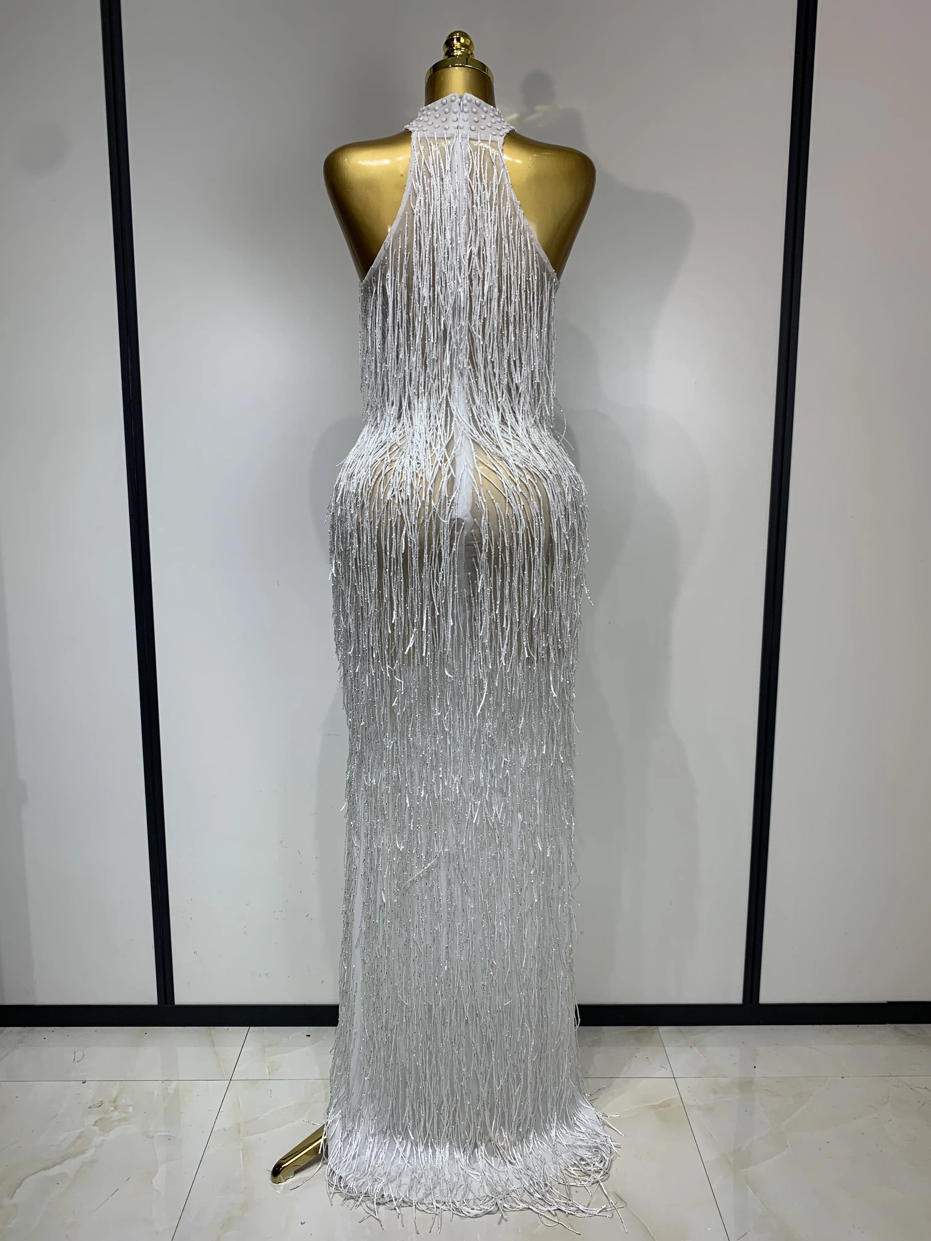 Women Sexy Shiny Crystals Tassel Long Dress Elegant Prom Gown Evening Club Birthday Wedding Party Singer Photoshoot Dress
