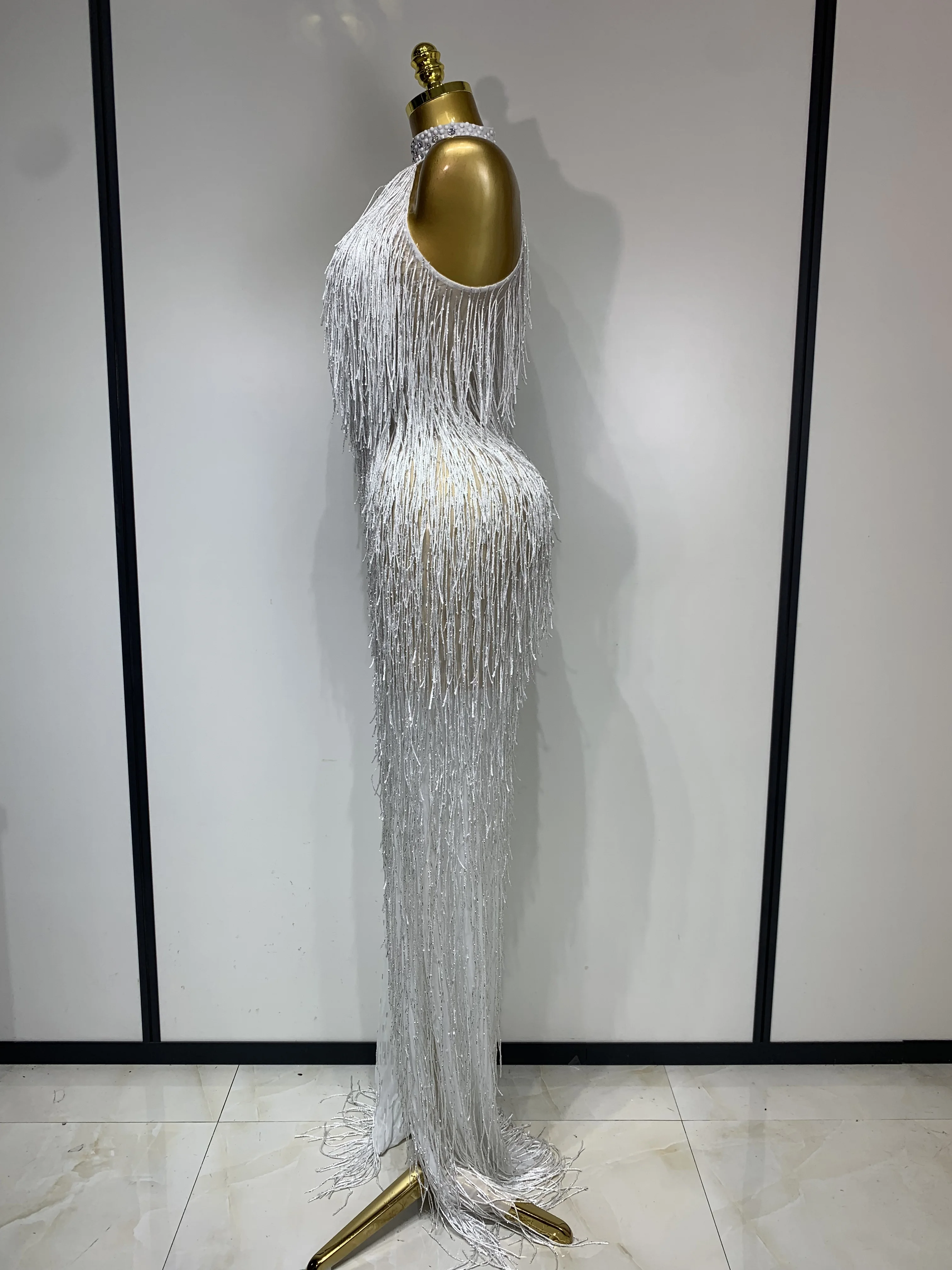 Women Sexy Shiny Crystals Tassel Long Dress Elegant Prom Gown Evening Club Birthday Wedding Party Singer Photoshoot Dress