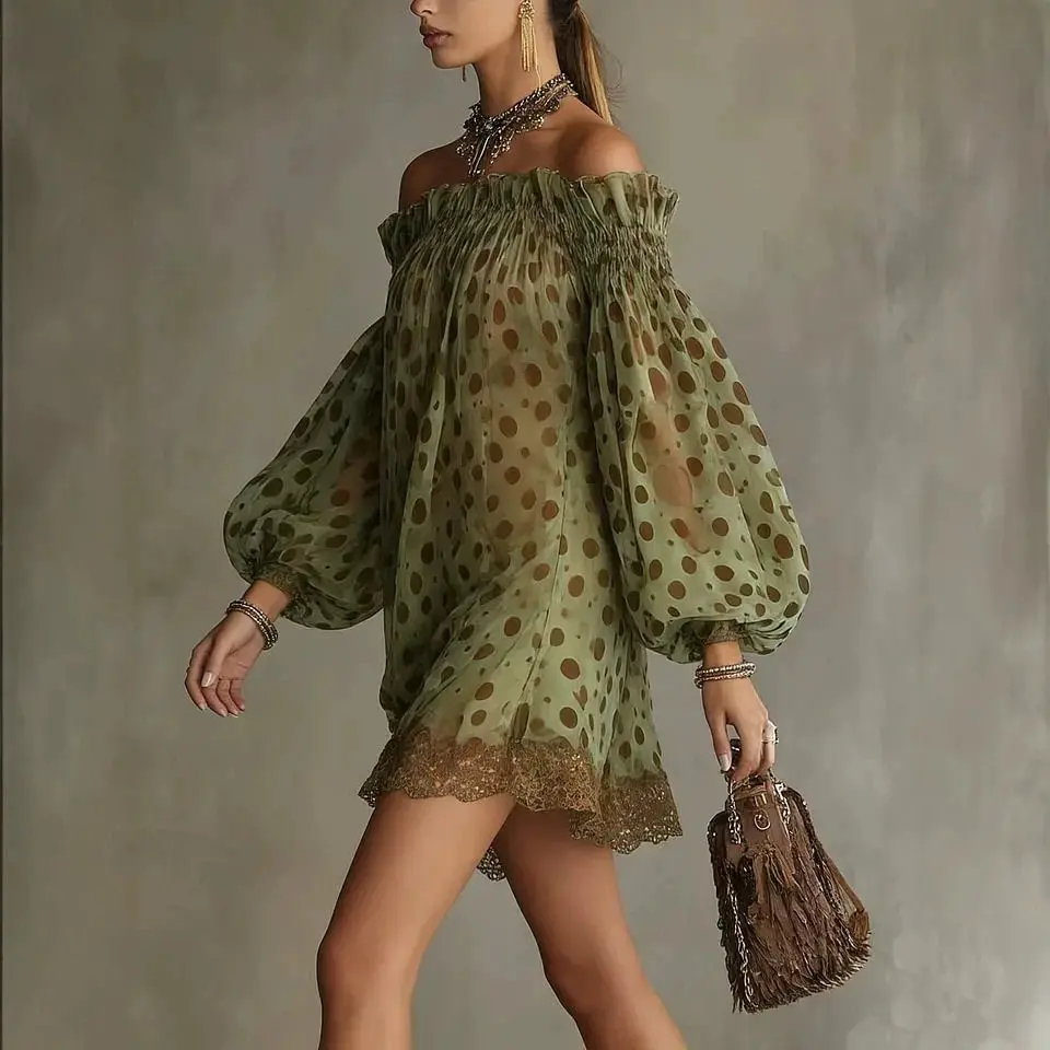 Fashion Women Elegant Polka Dot Party Cocktail Short Dress Off The Shoulder Puff Sleeve Lace Hem Loose Fit Evening Mini Dresses