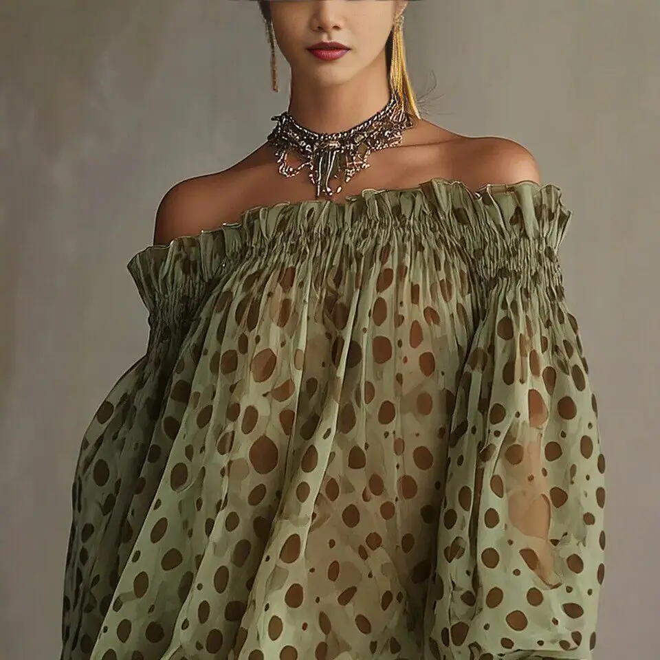 Fashion Women Elegant Polka Dot Party Cocktail Short Dress Off The Shoulder Puff Sleeve Lace Hem Loose Fit Evening Mini Dresses