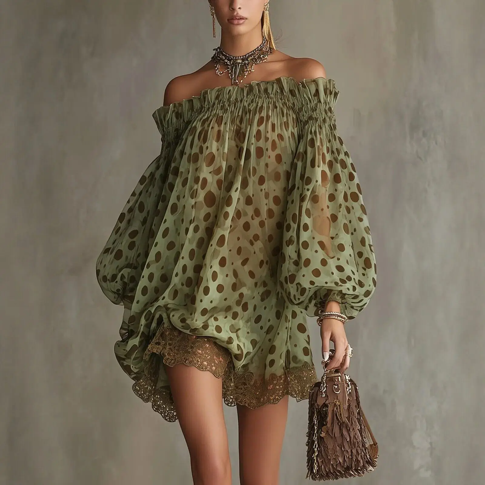 Fashion Women Elegant Polka Dot Party Cocktail Short Dress Off The Shoulder Puff Sleeve Lace Hem Loose Fit Evening Mini Dresses