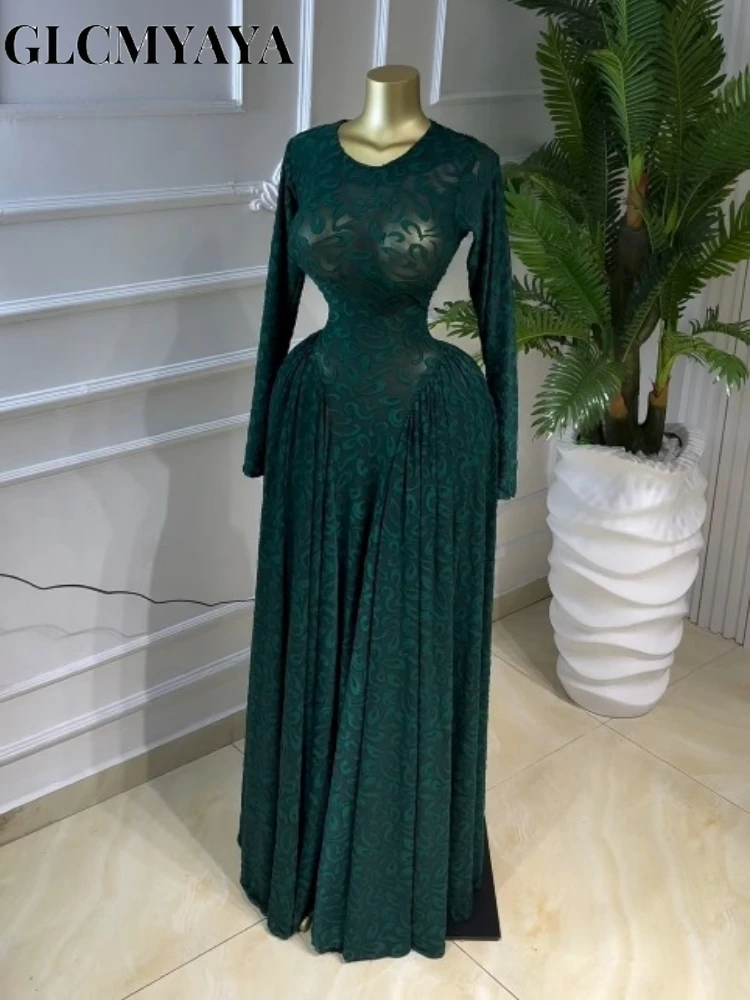 CM.YAYA Women O-neck Long Sleeve Pleated Inner A-line Maxi Dress 2026 Evening Sexy Party Birthday Vacation Long Dresses Vestidos