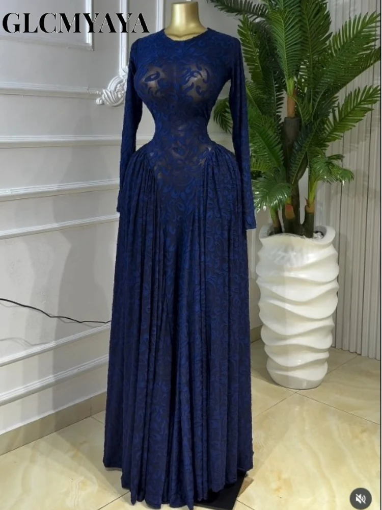 CM.YAYA Women O-neck Long Sleeve Pleated Inner A-line Maxi Dress 2026 Evening Sexy Party Birthday Vacation Long Dresses Vestidos