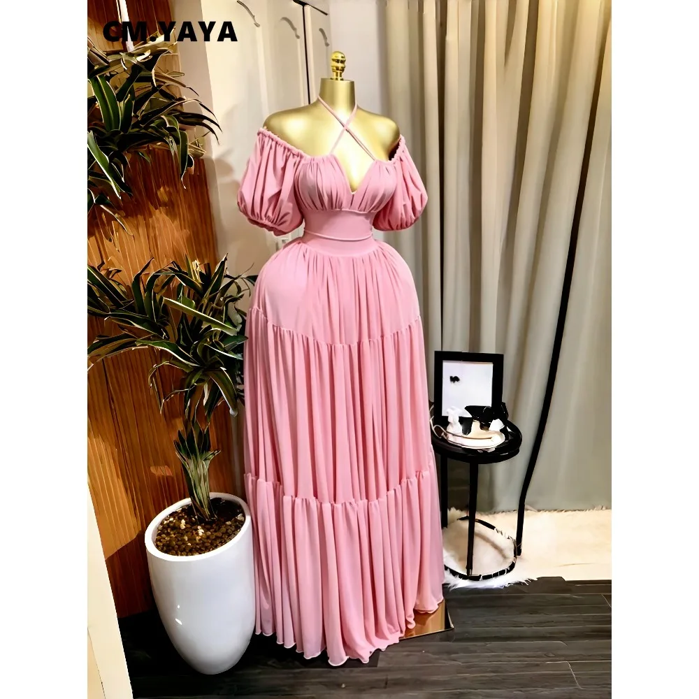 CM.YAYA 2026 Summer Women Strap short sleeve Big Swing Long Maxi Dress Slim Evening Birthday Beach Sexy Vacation Party Dresses