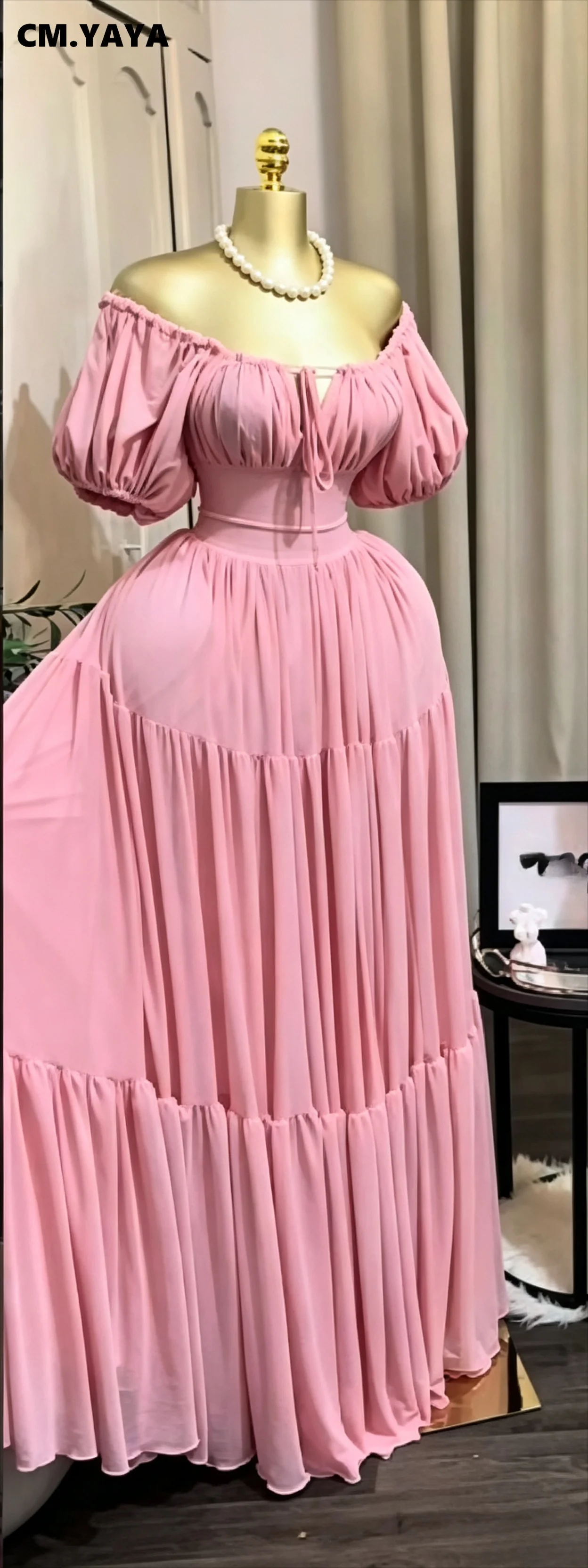 CM.YAYA 2026 Summer Women Strap short sleeve Big Swing Long Maxi Dress Slim Evening Birthday Beach Sexy Vacation Party Dresses