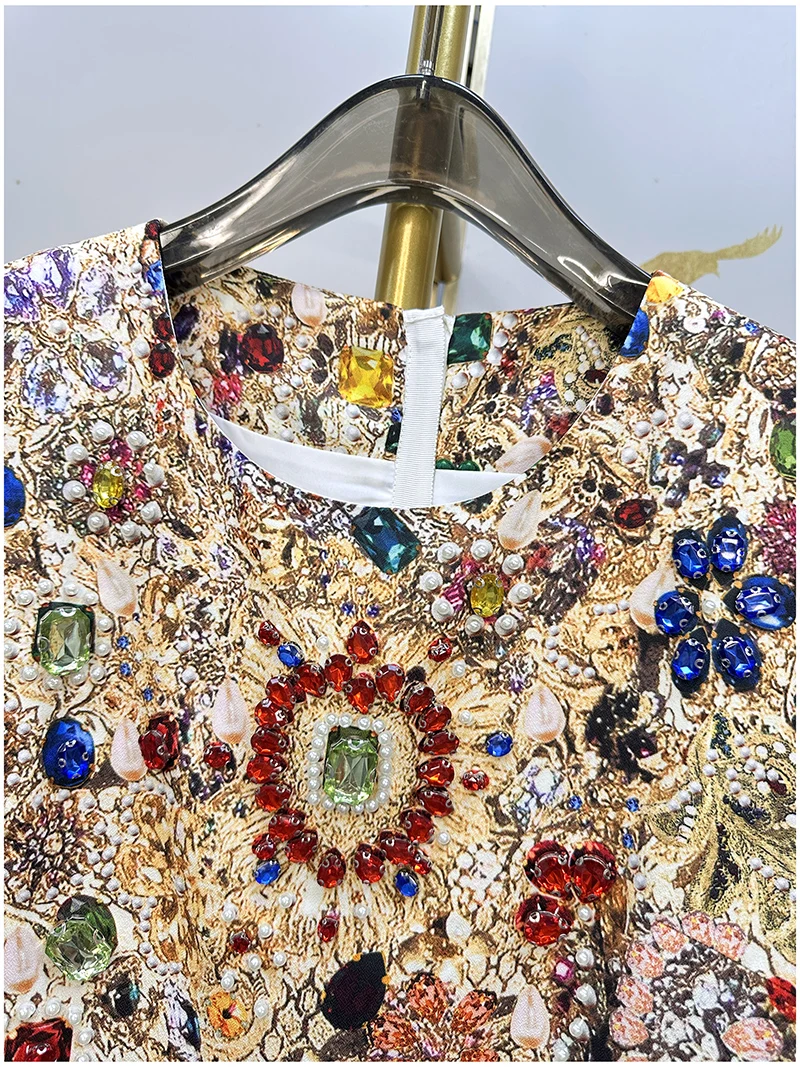 Vintage Luxury A-Line Dress for Women β Shiny Gem Print Beaded Rhinestone Embellished Summer Elegant Party Fashion Outfit