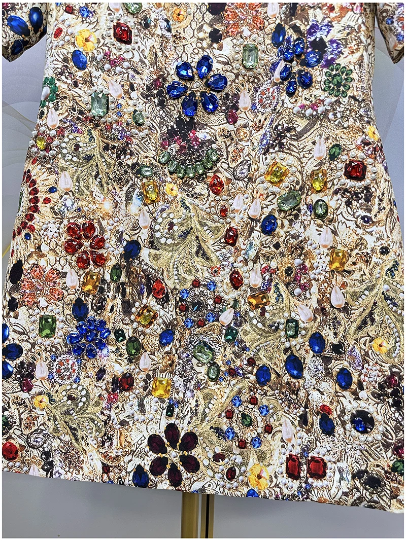 Vintage Luxury A-Line Dress for Women β Shiny Gem Print Beaded Rhinestone Embellished Summer Elegant Party Fashion Outfit