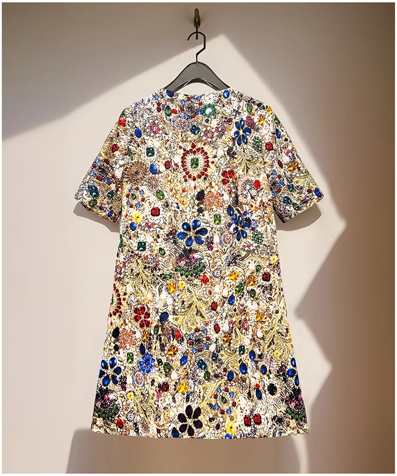 Vintage Luxury A-Line Dress for Women β Shiny Gem Print Beaded Rhinestone Embellished Summer Elegant Party Fashion Outfit