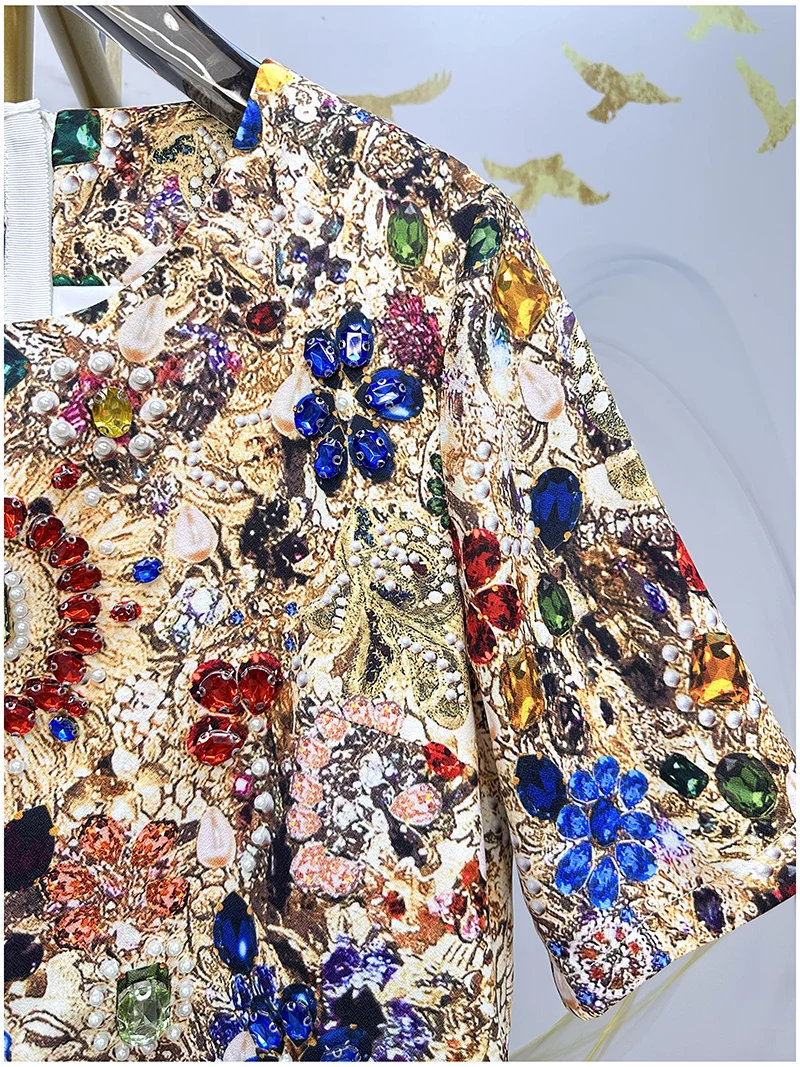 Vintage Luxury A-Line Dress for Women β Shiny Gem Print Beaded Rhinestone Embellished Summer Elegant Party Fashion Outfit