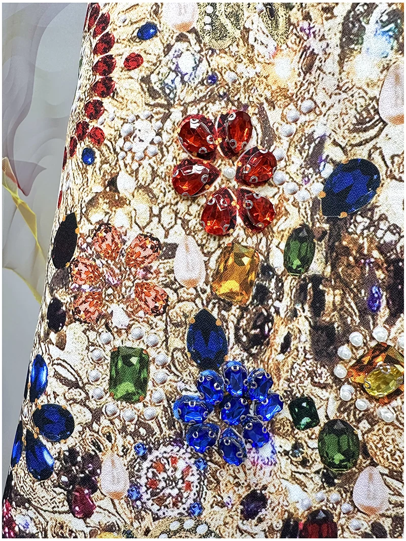 Vintage Luxury A-Line Dress for Women β Shiny Gem Print Beaded Rhinestone Embellished Summer Elegant Party Fashion Outfit