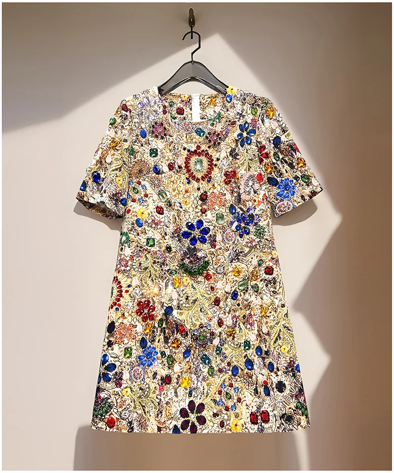 Vintage Luxury A-Line Dress for Women β Shiny Gem Print Beaded Rhinestone Embellished Summer Elegant Party Fashion Outfit