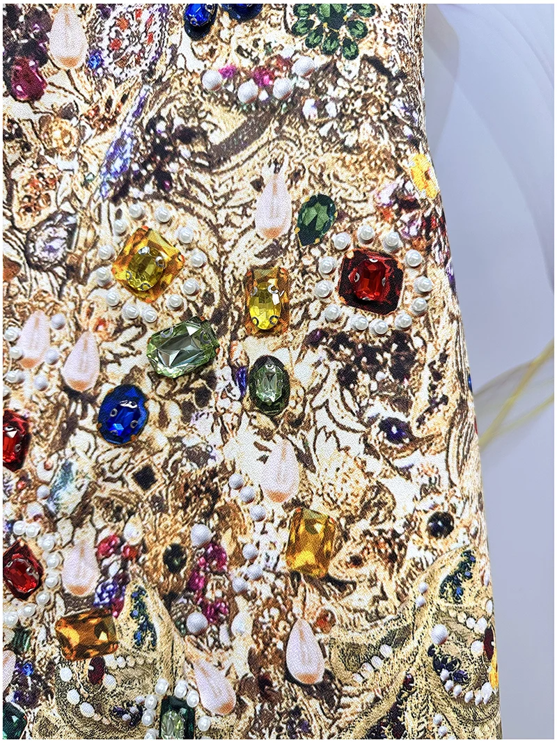Vintage Luxury A-Line Dress for Women β Shiny Gem Print Beaded Rhinestone Embellished Summer Elegant Party Fashion Outfit